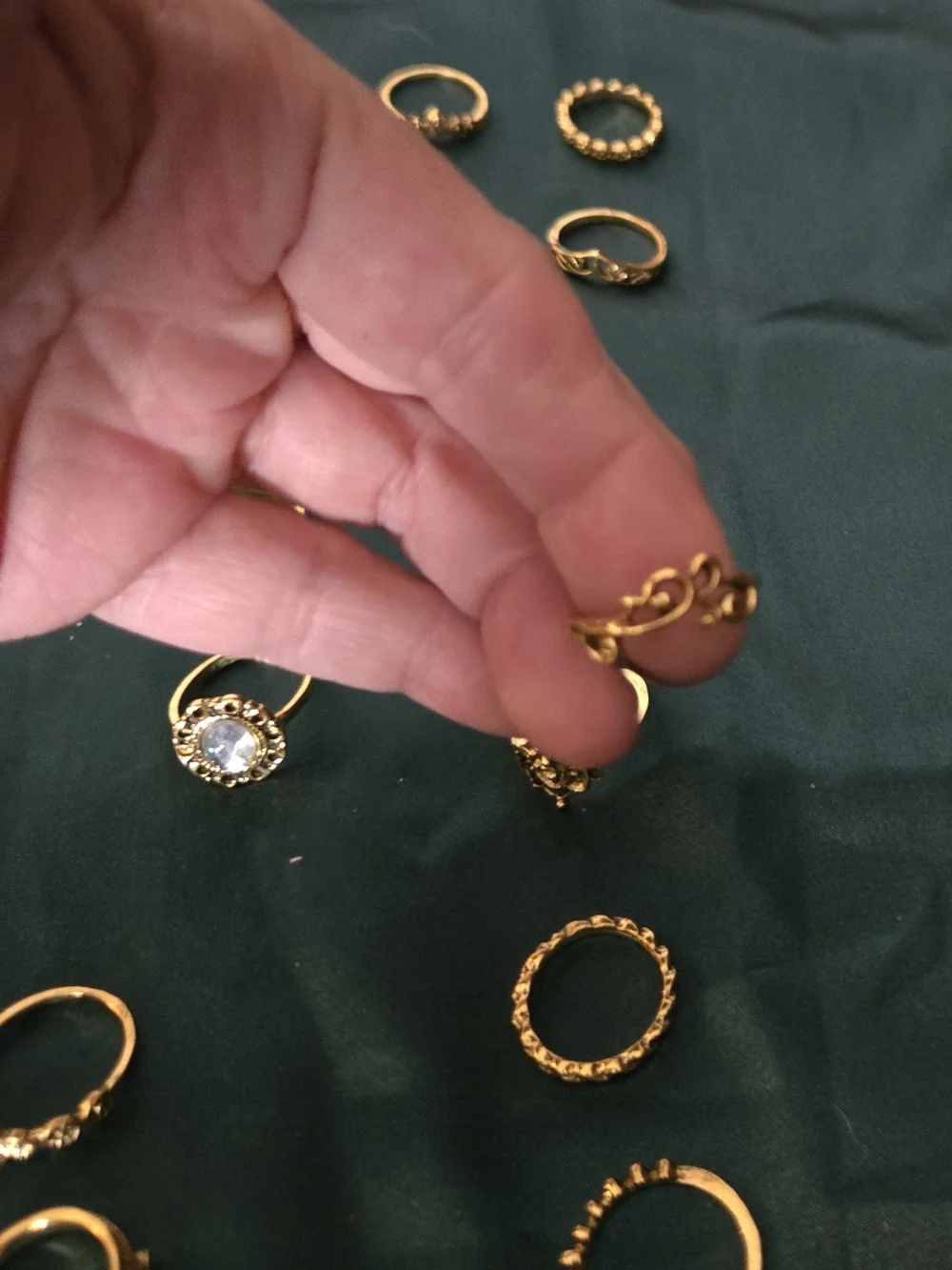 Antique Gold-Tone Women's Rings Set, Some CZ, Some Decorative, Lot Of 16